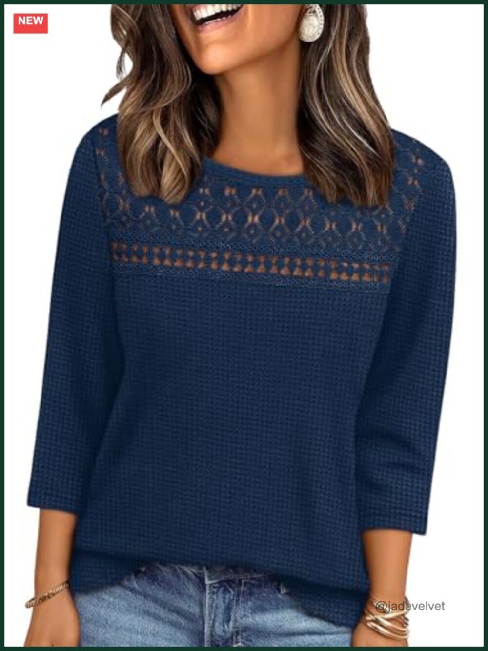 3/4 Sleeve Waffle Knit Blouse Dressy Casual Lace Boho Top